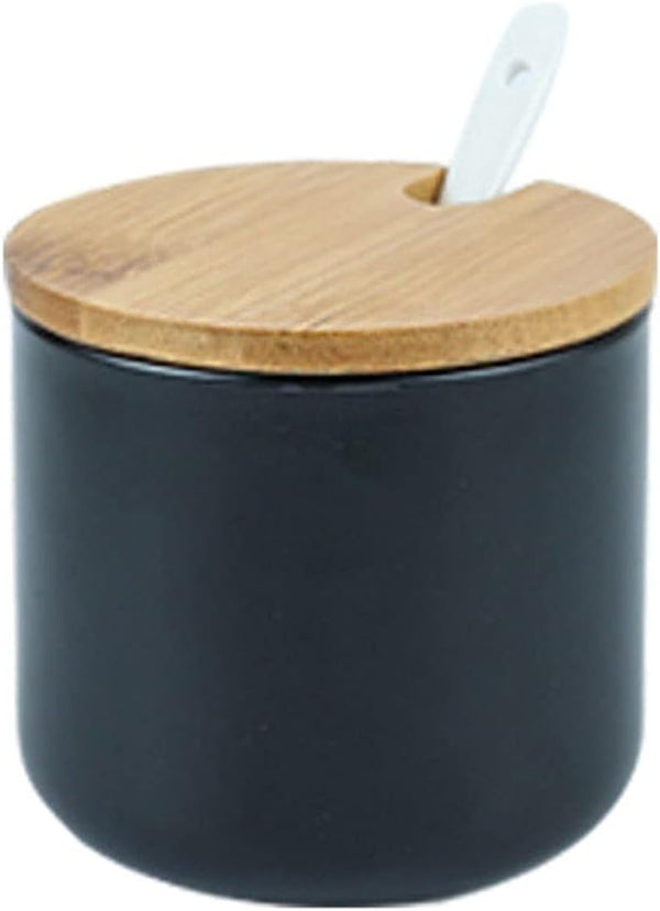 Simple Pure Color Ceramic Spice Jar, Seasoning Box with Bamboo Lid and Spoon, Sugar Bowl