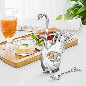 Decorative Swan Base Holder for Coffee Spoons, Metal Teaspoon and Dessert Flatware, Silvery White