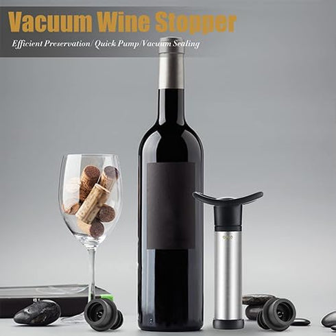 4 OWO Wine Vacuum Pump and Stopper, Wine Save & Preserver, Reusable Air Remover Pump, Keeps Fresh (Stainless Steel)