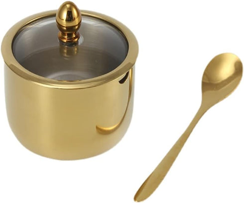 Gold Stainless Steel Sugar Bowl, Spice Jar Seasoning Pot with Lid and Spoon