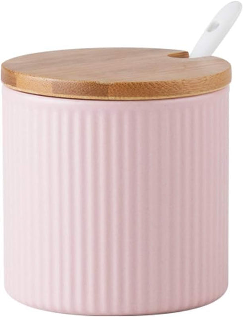 Ceramic Embossed Stripe Sugar Bowl, Spice Jar Storage Seasoning Pot with Lid and Spoon