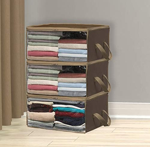Simple Houseware 3 Pack Foldable Closet Organizer Clothing Storage Box with Clear Window, Brown