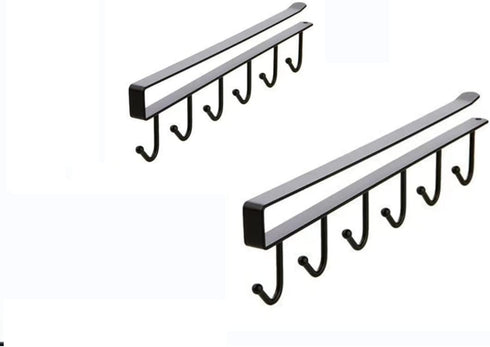 2pcs Multi-Hooks Under Cabinet, 6-Hook Hanging Rack for Kitchen Utensil Cupboard, Nail Free Organizer (Black)