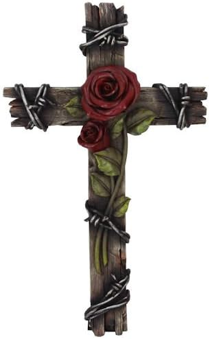 Polly House 10" Rose with Wood Look Resin CROSS Wall Decoration, Great for Gifts