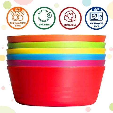 Kids Plastic Bowls Set of 12, 10 Ounce Microwave Dishwasher Safe BPA Free Non Toxic Toddler Bowls in 6 Bright Colors