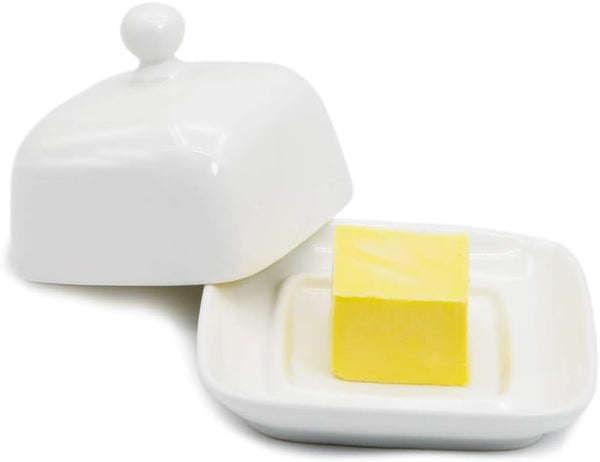 NAGU Mini Square Butter Dish with Lid, White Porcelain Domed Cheese Dish with Handle for Countertop Serving