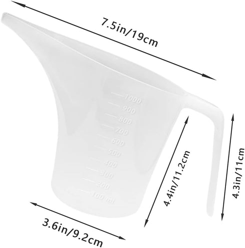 4 Pack Plastic Funnel Pitcher, 1000ml Measuring Cup with Long Spout for Baking and Watering Plants