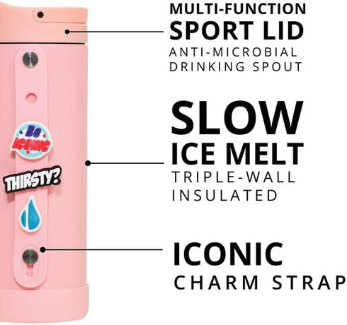 Elemental Iconic Kids Water Bottle with Straw Lid & Charms Strap, Leak-Proof Triple Insulated Stainless Steel 14oz