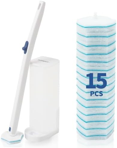 BOOMJOY Disposable Toilet Brush Set with 15 Wand Refills, Toilet Bowl Cleaner Wand with Holder for Bathroom
