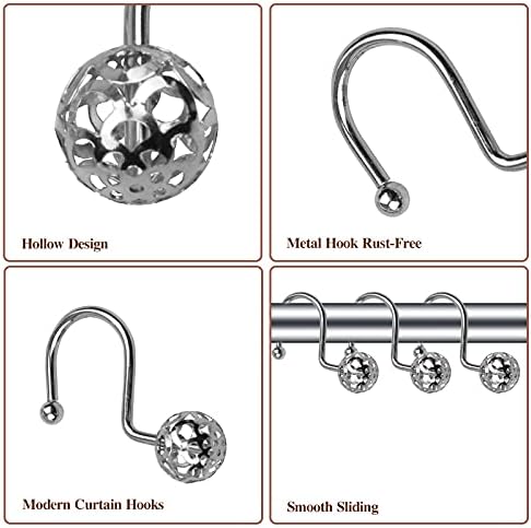 12Pcs Luxury Quality Hollow Ball Shower Curtain Hooks, Rustproof Stainless Steel Rings for Bathroom Rod (Chrome)