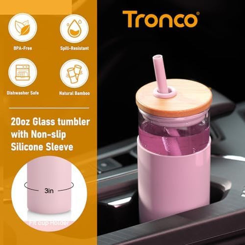 Tronco 20 oz Glass Tumbler with Lid & Straw - Iced Coffee & Smoothie Cup with Silicone Sleeve | BPA-Free, Amber