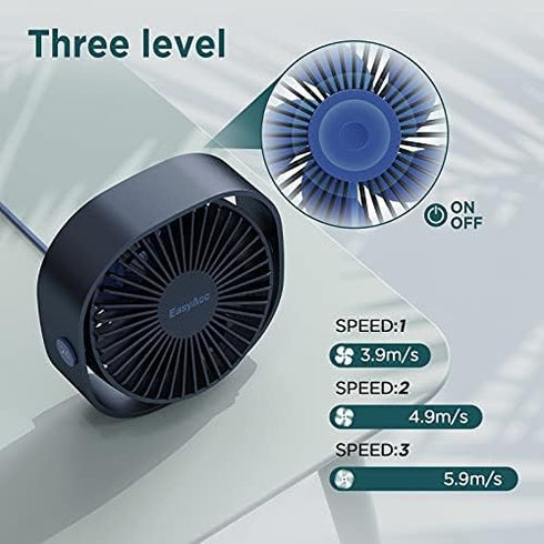EasyAcc USB Desk Fan, 3 Speeds USB Powered Fan, 360° Rotatable Personal Table Fan for Home Office (No Battery)