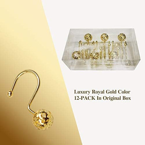 12Pcs Luxury Quality Hollow Ball Shower Curtain Hooks, Rustproof Stainless Steel Rings for Bathroom Rod (Gold)