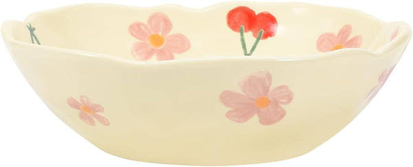 Koythin Salad Bowls, Cute Cherry Flower Ceramic Bowls, Cream Yellow Serving Bowl for Pasta, Cereal, Soup (Cherry Set of