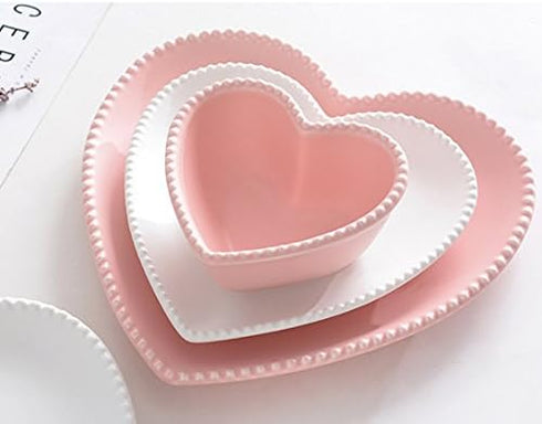 Ceramic Heart-Shaped Pudding Bowl, Baked Soufflé Bowl, Dessert Oven Bowl, Creme Brulee Ramekin (Pink/White)
