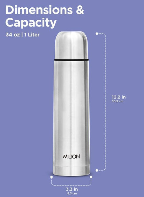 Milton Thermosteel 1000 ml Flip Lid, Double Walled Vacuum Insulated Thermos | 34 oz | 1 Ltr | Silver, BPA Free