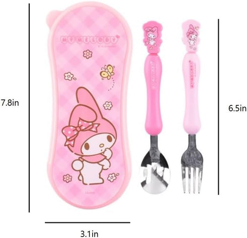 Cute Pink Melody Fork and Spoon Set - Flatware with Case, Tableware Set with Cute Figure, Medium Size