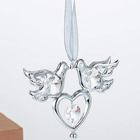 Matashi Chrome Plated Crystal Studded Silver Love Doves Birds Ornament with Heart, Romantic Gift for Christmas