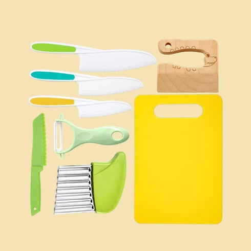 Leking 8 Pcs Wooden Kitchen Knife Set for Kids, Safe Knives, Potato Slicers, and Cutting Board