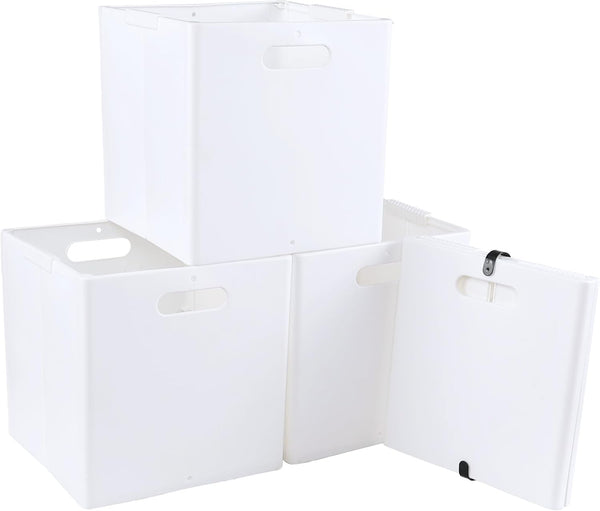 4-Pack Collapsible Plastic Storage Cube Bins, White Foldable Storage Bins