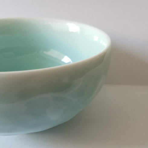 Chinese Rice Bowl 10oz Celadon Dinnerware, Engraved Peony Porcelain Bowl, 4.5 Inch in Sky Blue