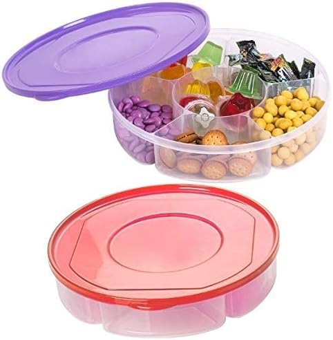 2 Pack Candy and Nut Serving Container, Appetizer Tray with Lid, 6 Compartment Round Plastic Food Storage Organizer,