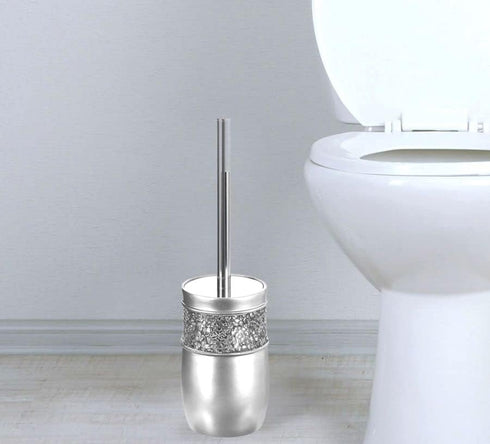 Creative Scents Crackled Glass Toilet Brush with Holder - Silver Toilet Bowl Cleaner Brush and Holder - Good Grip, Deep