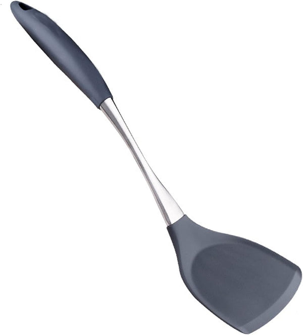 Premium Solid Silicone Spatula, Non Stick Heat Resistant Pancake Turner with Stainless Steel Handle by Lisdripe, Gray