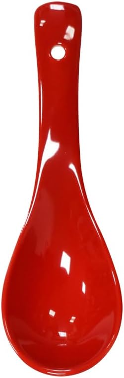 6 pcs Red Round-Bottom Soup Spoons - Asian Porcelain Ceramic Rice Spoons for Home Kitchen and Restaurant