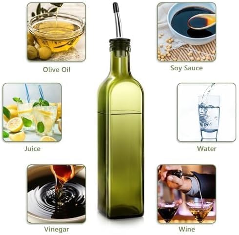 Leaflai 1 Set 2 2Labels,1 1 17 oz(500ml) Olive Oil Dispenser Bottle, Pcs Green Glass Olive Oil Dispenser and Vinegar