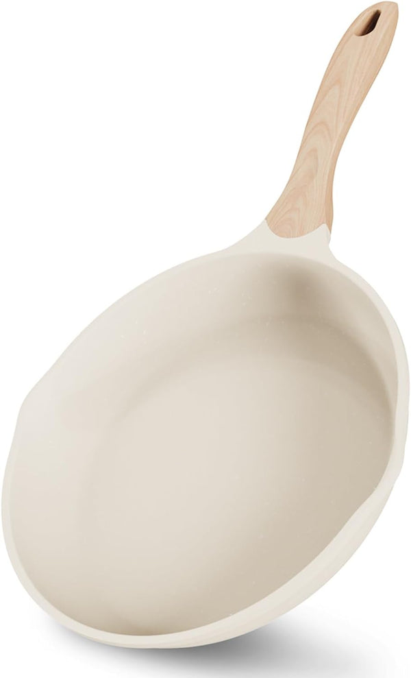 JEETEE 8 Inch Nonstick Frying Pan, Stone Coating Cookware, Induction Skillet with Heat-Resistant Handle (Beige)