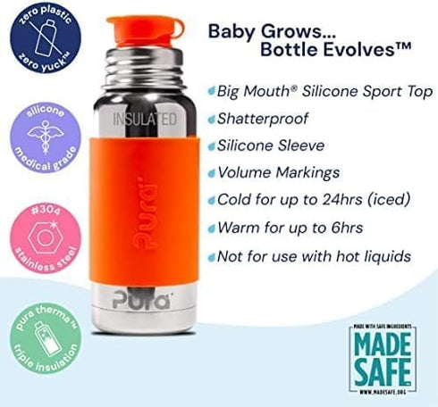 16oz/473ml Pura Sport Insulated Bottle w/Sleeve & Silicone Big Mouth Top - Stainless Steel, Warm & Cold, Leak-Proof