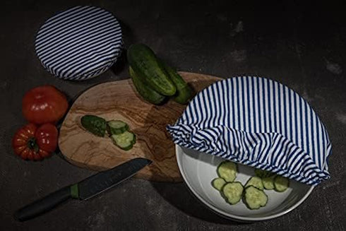Organic Reusable Bowl Covers – Elastic Bowl Cover Set of 3 Lids Sizes - Blue Stripes 100% Cotton - Great Gift Fabric Food Covers - Kitchen Essential Gift for Women - Stretched Food Covers by OhBerry