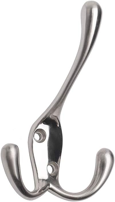 Coat Hooks with Three Flared Prongs, Heavy Duty 3.5 Inch Satin Nickel Hook, 5 Pack