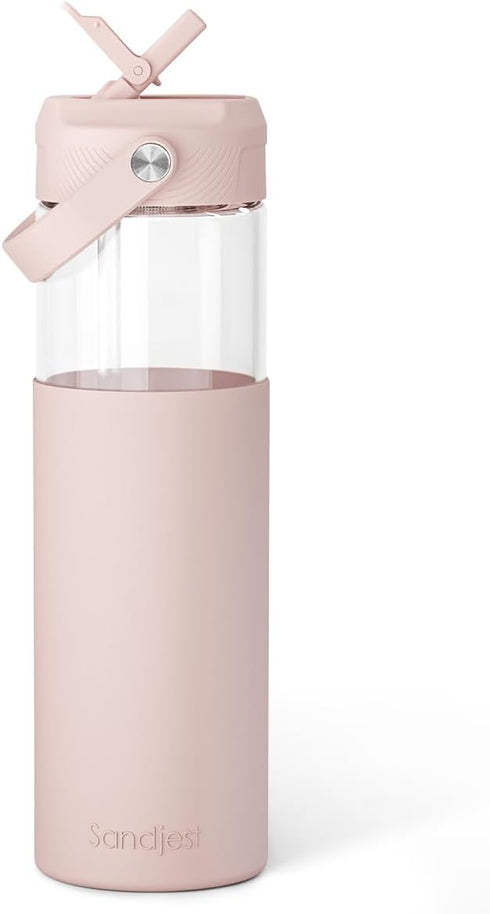 SANDJEST Glass Water Bottle with Silicone Sleeve and Straw Lid 20oz for