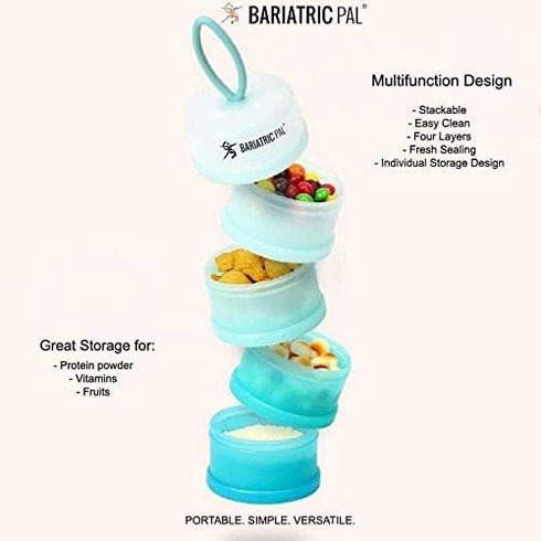 BariatricPal 4 Compartment Detachable Food & Powder Storage Containers, Stackable and Portion Controlled (Blue-Teal)