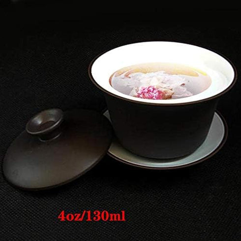 Gaiwan Teacup Kungfu Tea Bowl 4oz/130ml Zisha Red Clay with Sancai Saucers (Black White)