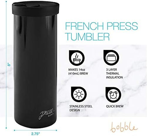bobble French Coffee Presse - On-The-Go Use, Quick Brew, Slim Design, Triple Wall Insulation, 14 oz (Black)