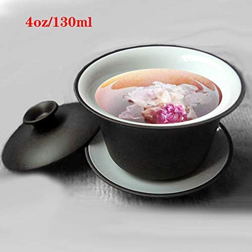 Gaiwan Teacup Kungfu Tea Bowl 4oz/130ml Zisha Red Clay with Sancai Saucers (Black White)