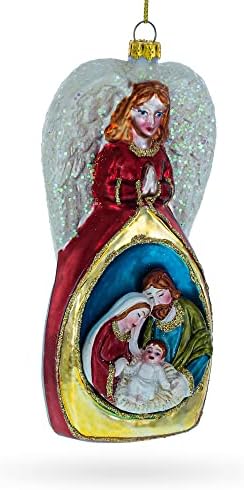 Angel Above Nativity Scene Blown Glass Christmas Ornament