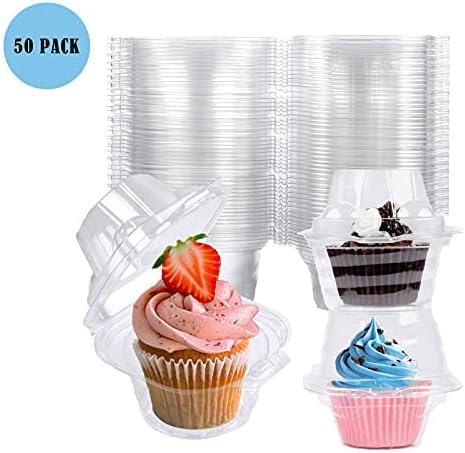 50 Pack Individual Cupcake Containers - Stackable Plastic Cupcake Boxes with Deep Dome for Cupcake Carrier