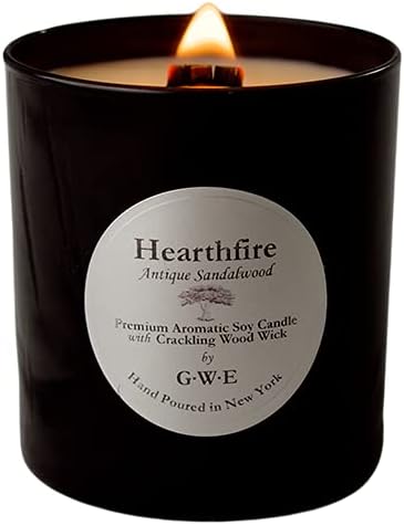 Hearthfire Sandalwood Scented Soy Candle w/Natural Oils, Wood Wick, Smoky Dark Sweet, Made in The USA