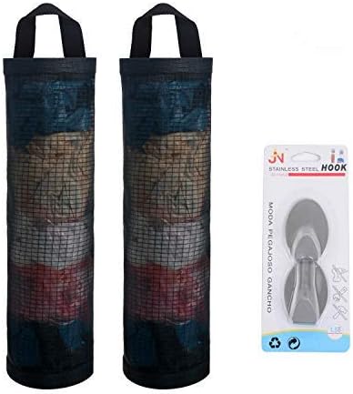 Sulimy Mesh Garbage Bag Holder Dispensers, 2pcs Folding Trash Bags Organizers with 2 Hooks for Home Kitchen, Black