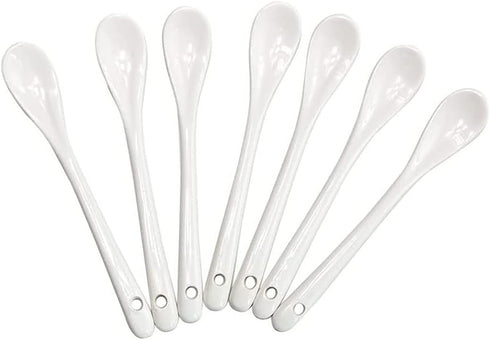 AKOAK 6.7" Ceramic Egg Spoon Set of 5 - White Long-Handled Teaspoon for Coffee, Tea, Yogurt, Ice Cream