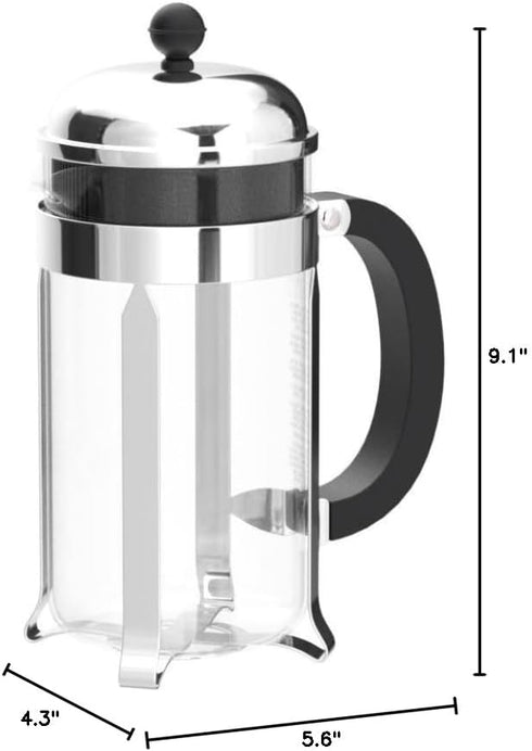 34oz Bodum Chambord French Press Coffee Maker, High-Heat Borosilicate Glass, Brushed Stainless Steel Made in Portugal