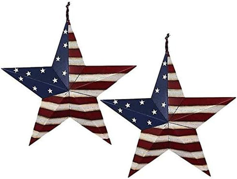 Set of 2 Metal Patriotic Barn Star Wall Decor, Rustic American Flag Indoor Outdoor Star Art for 4th of July Decoration