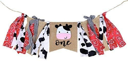 Silvima 1st Farm ONE High Chair Banner for First Birthday, Barnyard Cow Birthday Party Highchair Decoration