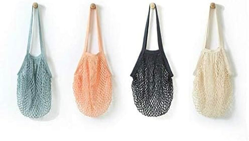 4 Pack Portable Reusable Grocery Bags - Washable Cotton Mesh String, Organic Shopping Handbag, Long Handle Net Tote