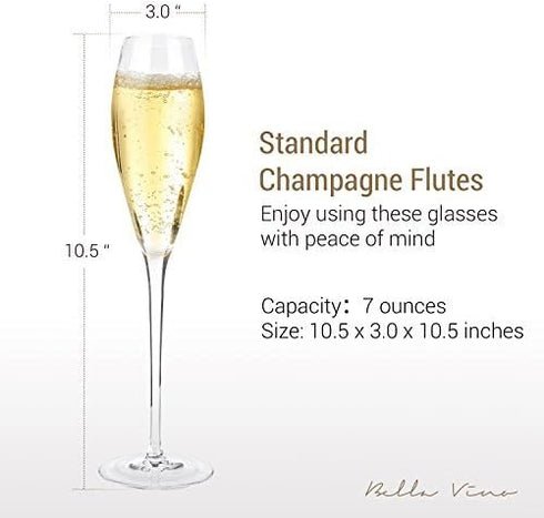 Bella Vino Hand Blown Crystal Champagne Flutes - Set of 2, 10.5", Clear, 7 oz, Premium Crystal Glasses, Great Gift