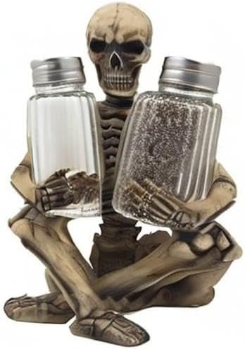 Home 'n Gifts Set Scary Skeleton Glass Salt and Pepper Shaker with Decorative Spice Rack Display Stand Holder Figurine